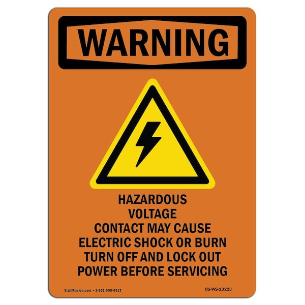 Safety Sign, OSHA WARNING, 24" Height, Hazardous Voltage, Portrait, D-1824-V-13223